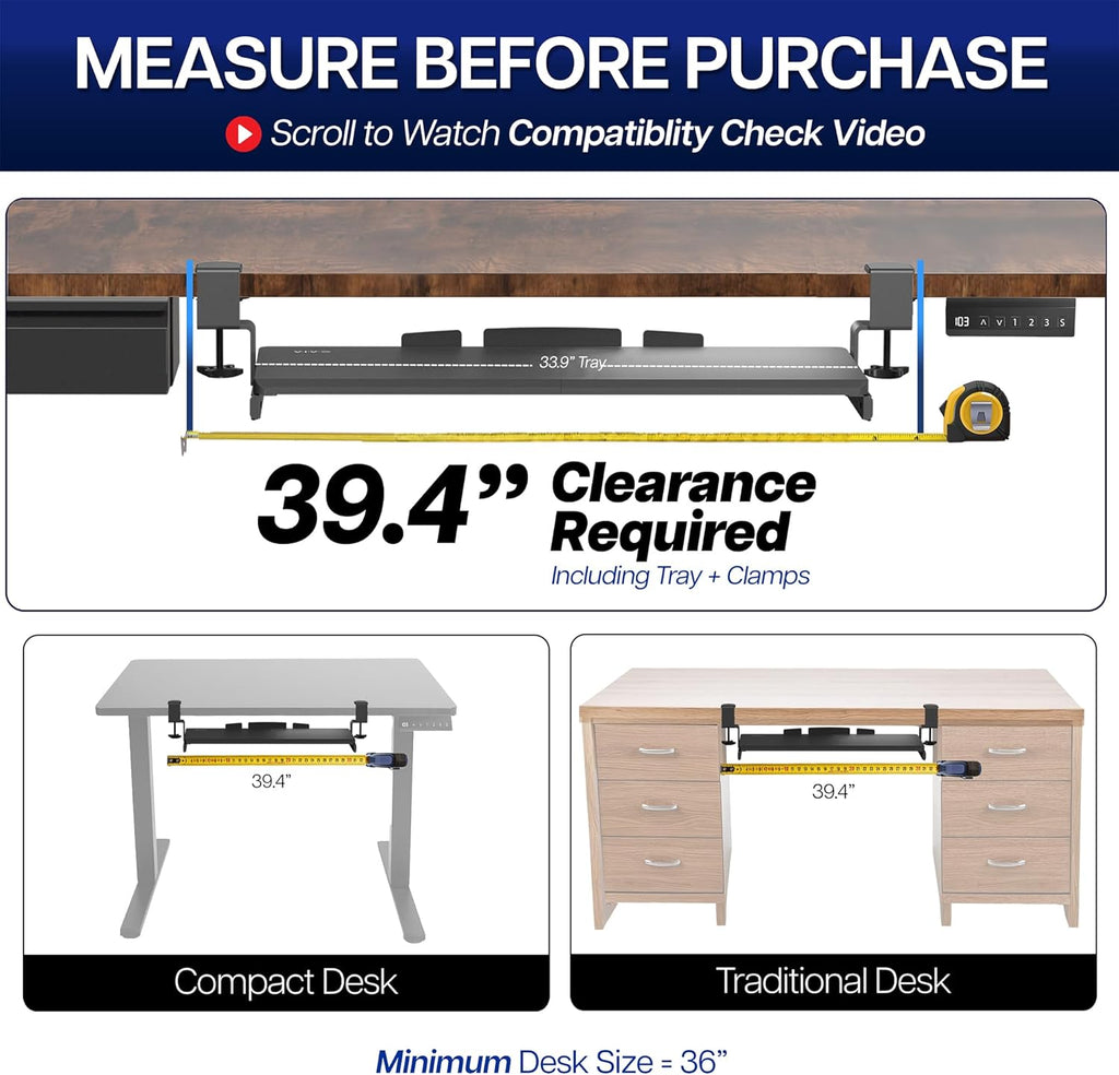 VIVO Extra Long Clamp-on Computer Keyboard and Mouse Under Desk Slider Tray, 34 x 11 inch Pull Out Platform Drawer, White, MOUNT-KB15EW