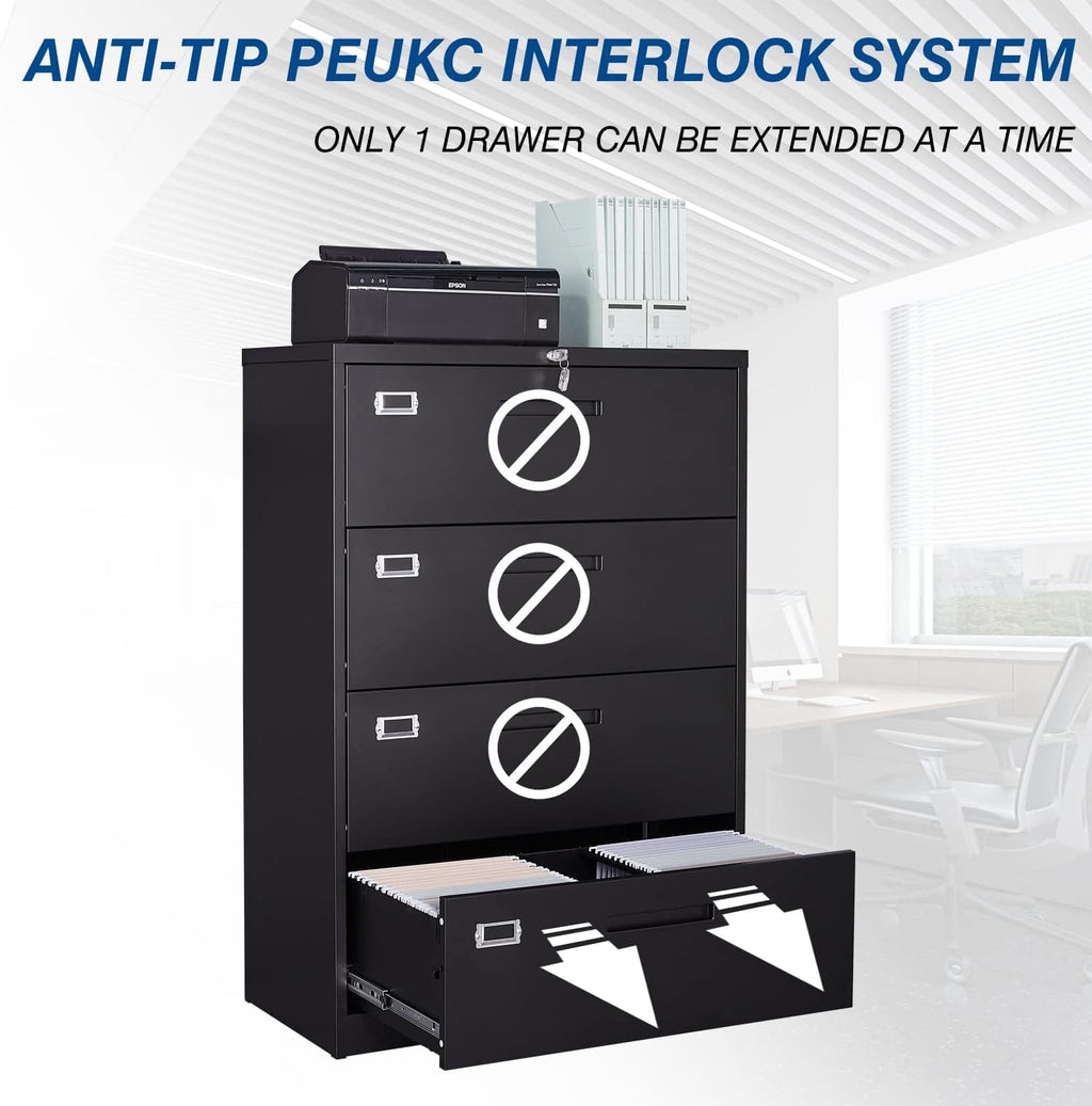 4 Drawer File Cabinet, Lateral Filing Cabinets for Home Office, Office Storage Drawers with Lock, Hanging Files Legal/Letter A4 Size (Assemble Required,Black)