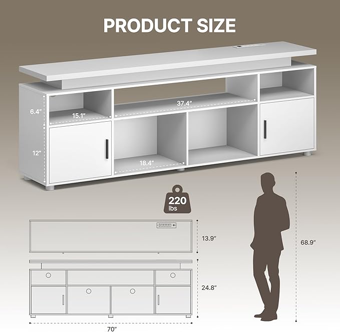 SUNCOZE TV Stand, Entertainment Center with LED Lights and Cabinet for 70/75/80 Inch, Modern TV Console Gaming Media Television Stands with Power Outlets for PS5 in Living Room and Bedroom, White
