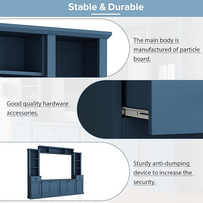 Merax Minimalist 103" Entertainment Wall Unit Set with Overhead Bridge for TVs Up to 75", Modern Large Media Console with Adjustable Shelves, Ample Storage Cabinets & Drawers for Living Room, Blue