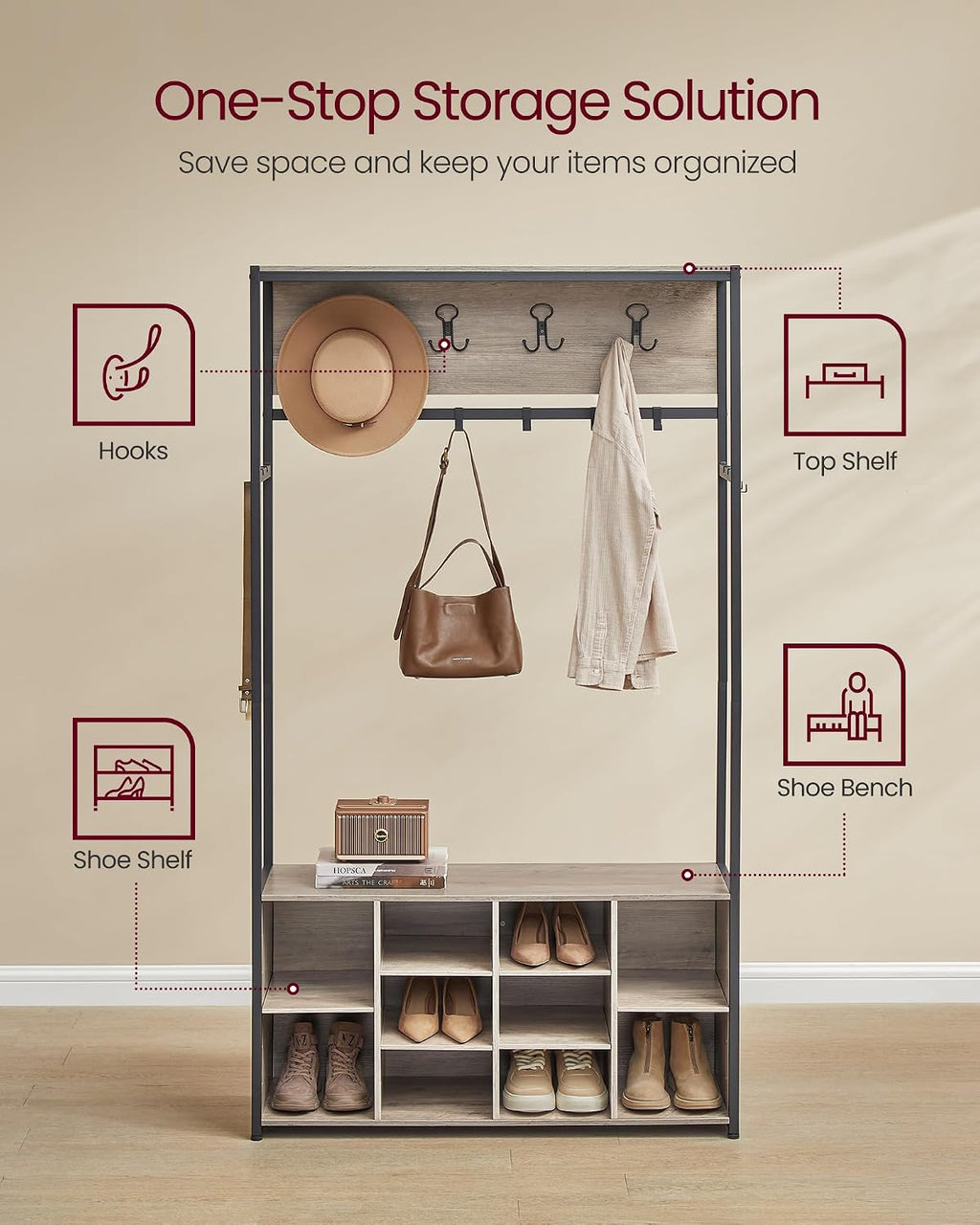 VASAGLE Hall Tree with Bench and Shoe Storage, Coat Rack with Shoe Bench, Entryway Furniture, Open Compartments, Industrial Style, Space Saving, Heather Greige and Ink Black UHSR432G01