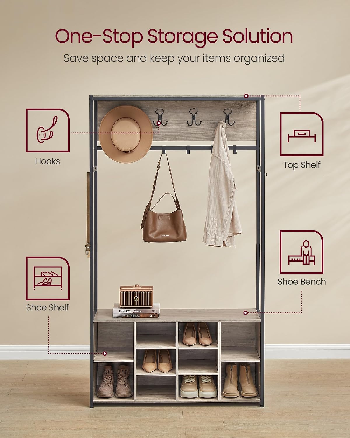 VASAGLE Hall Tree with Bench and Shoe Storage, Coat Rack with Shoe Bench, Entryway Furniture, Open Compartments, Industrial Style, Space Saving, Heather Greige and Ink Black UHSR432G01