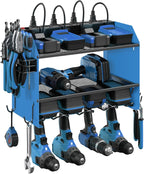 CCCEI Modular Power Tool Organizer Wall Mount with Charging Station. Garage Drill Storage Shelf with Hooks, Heavy Duty Rack, Tool Battery Holder Built in 8 Outlet. Gift for Men. Blue, 1 Pack.