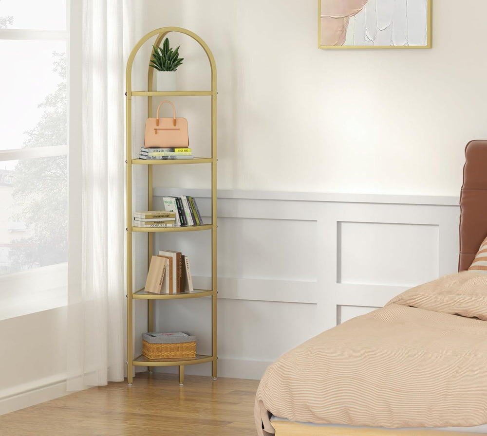 Homhedy 5-Tier Corner Shelf Stand, Metal Corner Bookshelf, Tempered Glass She...