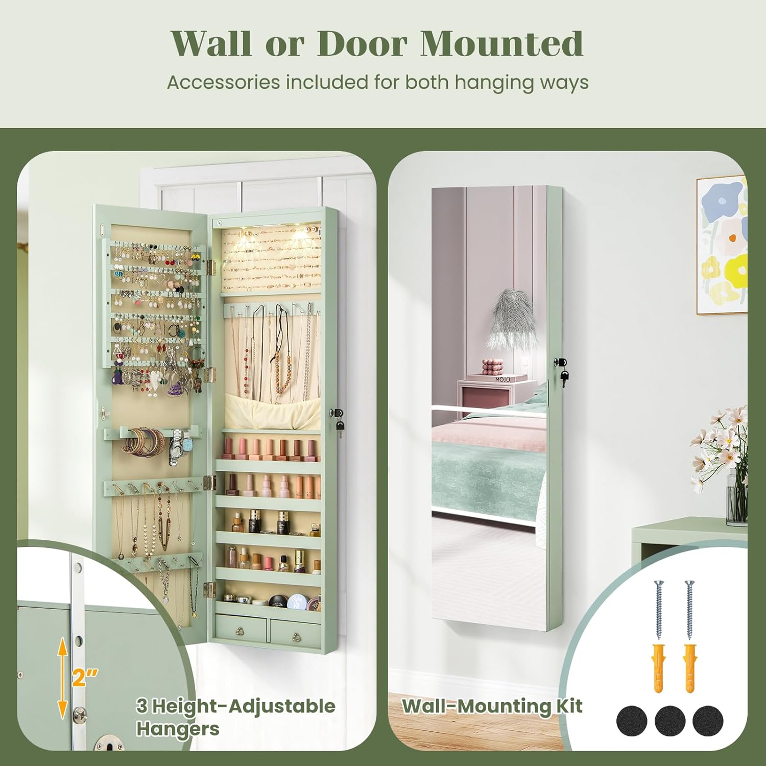 Giantex Wall Door Mounted Jewelry Armoire Cabinet with 47.5" Full Length Mirror, 2 LEDs Lockable Jewelry Organizers and Storage with 2 Drawers, Over the Door Jewelry Organizer Cabinet (Sage)