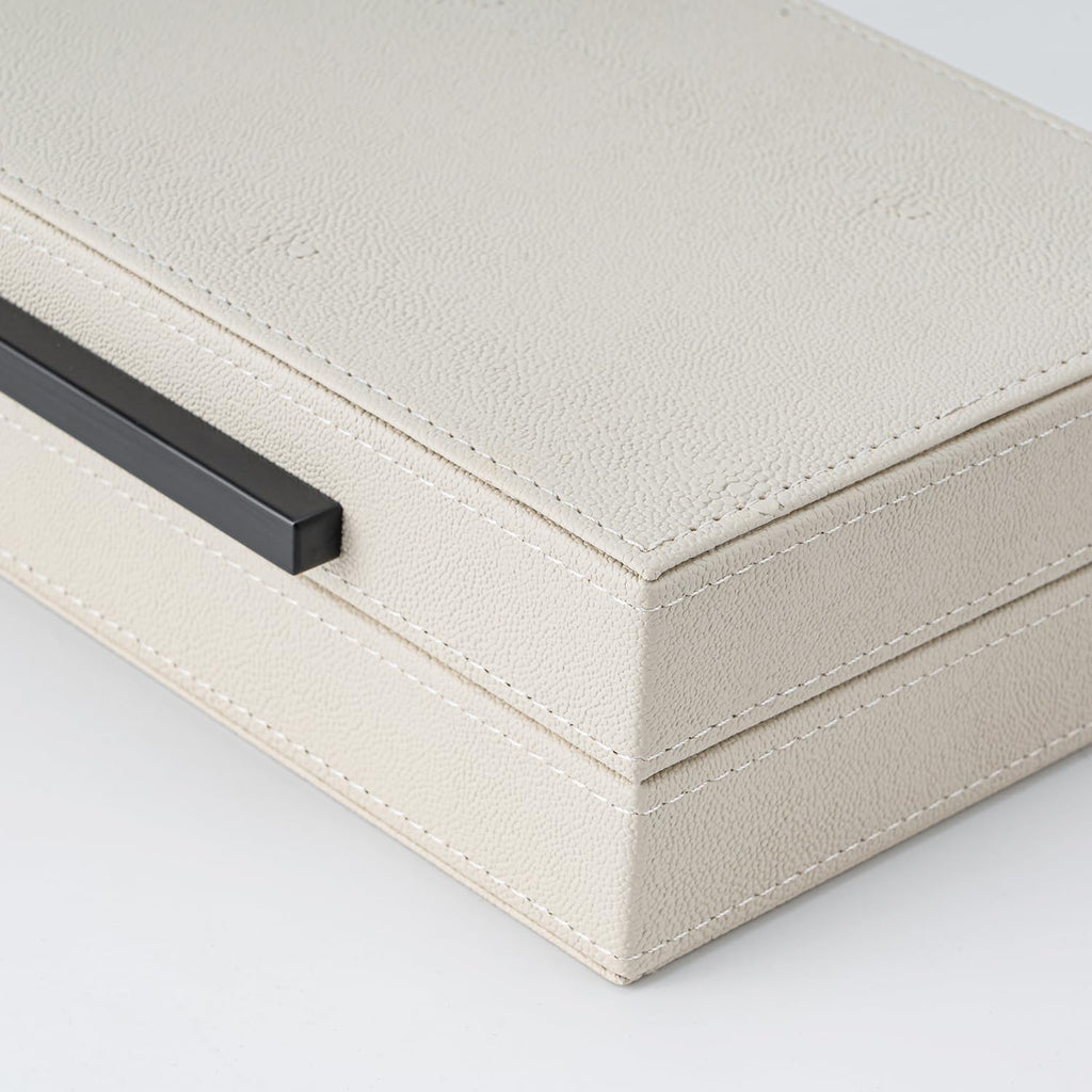XIGEXIGE Set of 2 Beige Shagreen Decorative Storage Boxes with Black Metal Handles –Faux Leather Large Modern Stackable Nesting Jewelry Box with Lids Organizer