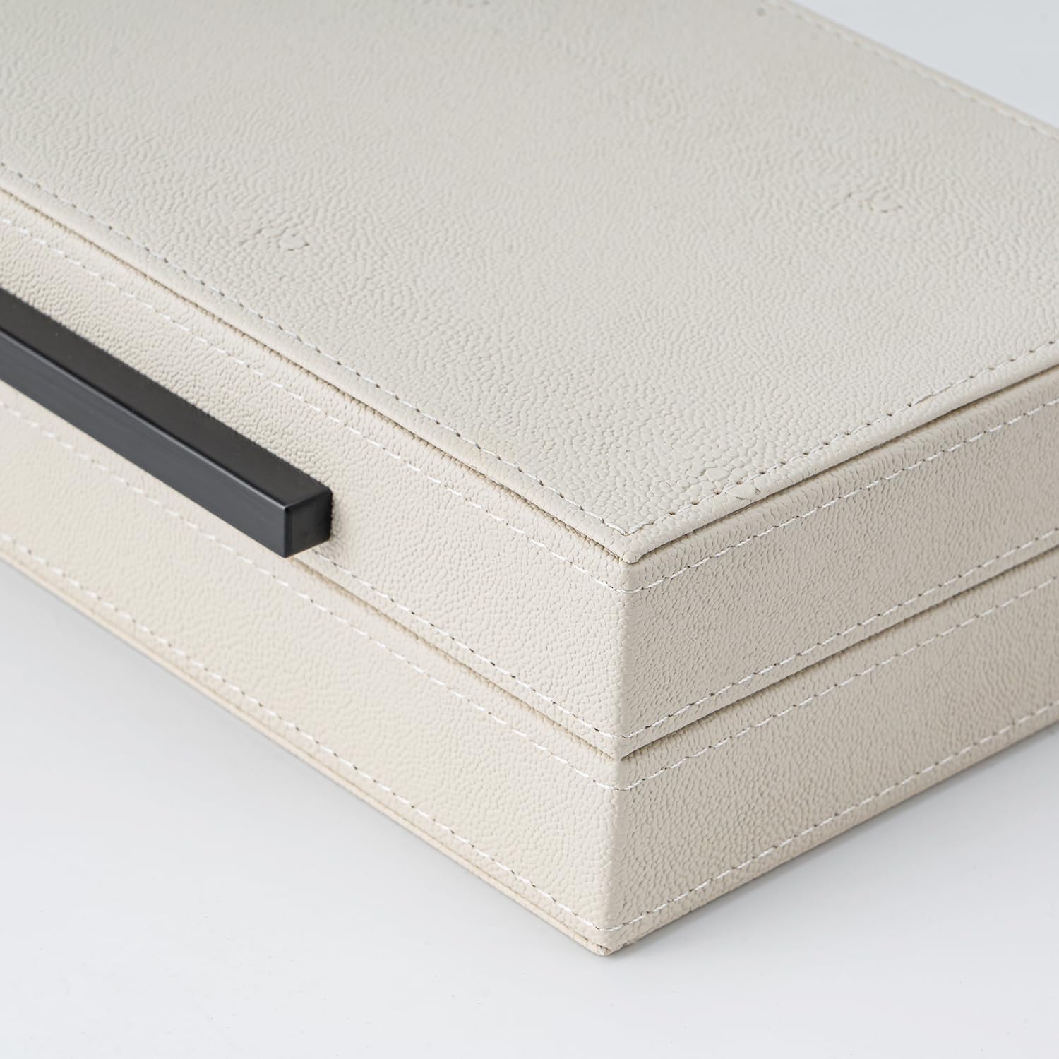 XIGEXIGE Set of 2 Beige Shagreen Decorative Storage Boxes with Black Metal Handles –Faux Leather Large Modern Stackable Nesting Jewelry Box with Lids Organizer