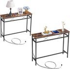 VECELO 39.4In Narrow Sofa/Console Table with Charging Station & Power Outlet and USB Ports, for Entryway, Living Room, Office, Industrial, Metal Frame, 2 Pack, Rustic Brown