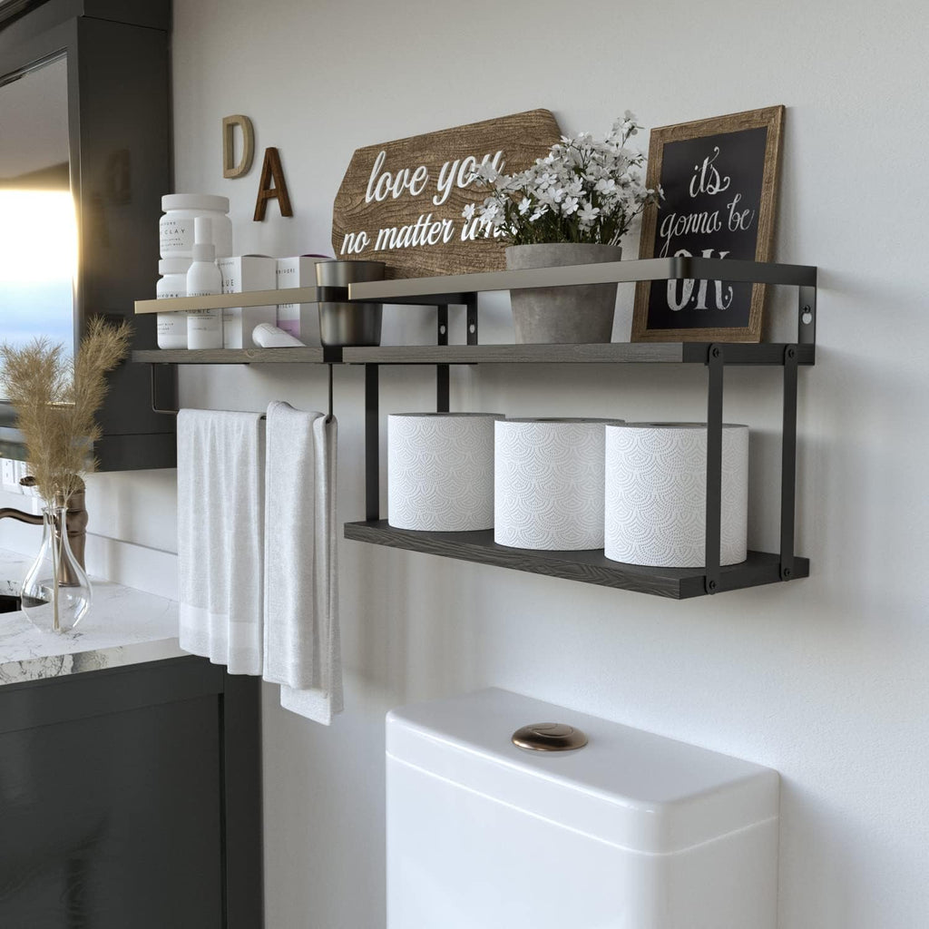 RICHER HOUSE 2+1 Tier Wall Mounted Floating Shelves Set of 2, Rustic Wood Wall Shelf with Metal Frame, Extra Storage Rack for Bathroom, Kitchen, Bedroom with Tissue Rack & Towel Bar - Black