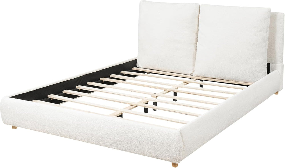 Merax Queen Boucle Upholstered Bed, 2 Removable Headboard Pillows, White