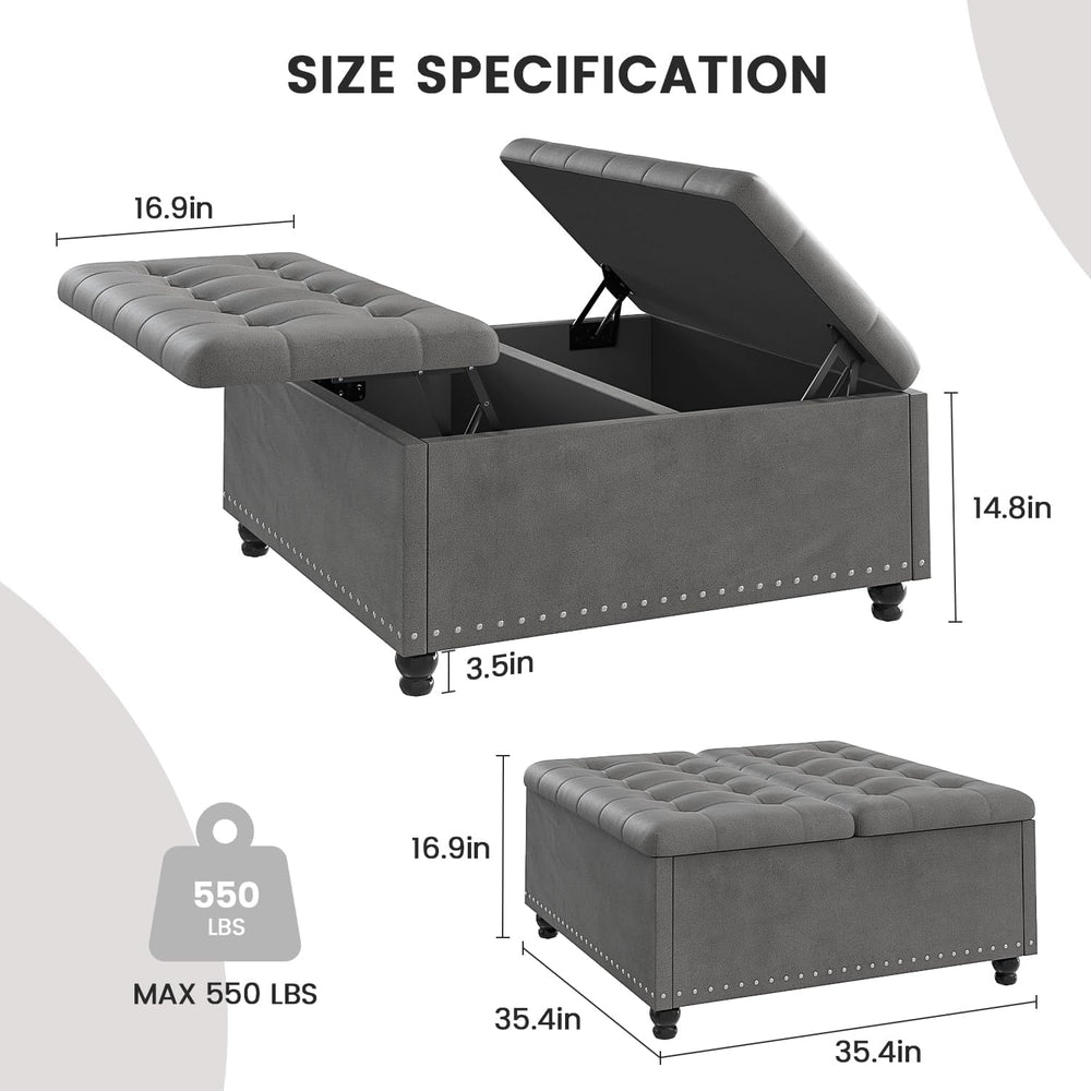 FUXA 35" Large Square Ottoman with Storage and Lift Top, Wood Legs, Gray...
