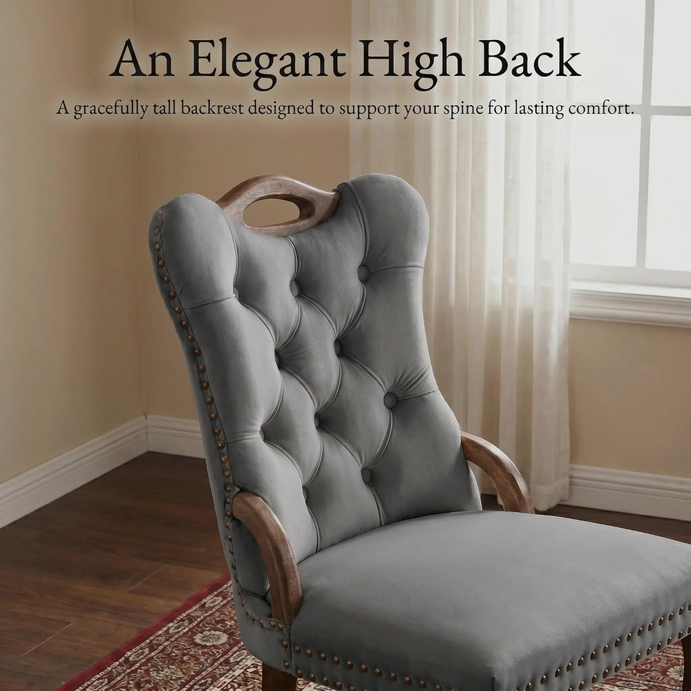 High Back Dining Chairs Set of 2 Vintage Velvet Upholstered Solidwood (Gray)