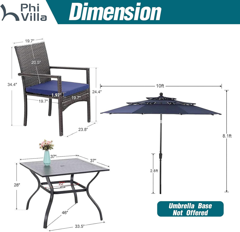 PHI VILLA 5pc Patio Dining Set with 10ft Blue Umbrella, 4 Rattan Chairs