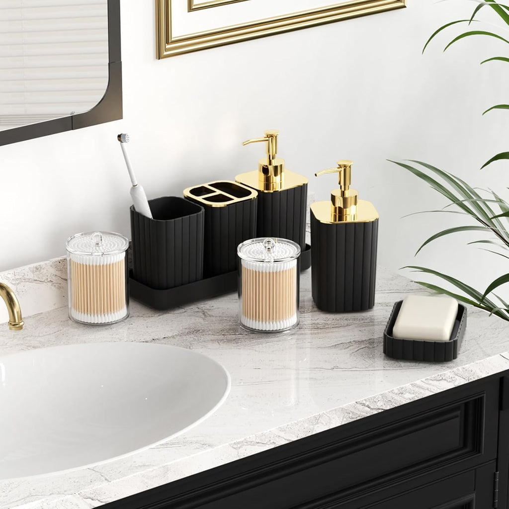 Bathroom Accessories Set - Gorgeous Black Bathroom Set, 10PC Bathroom Accessory Set, Toilet Brush, Trash Can, Qtip Holder Dispenser & Soap Dispenser