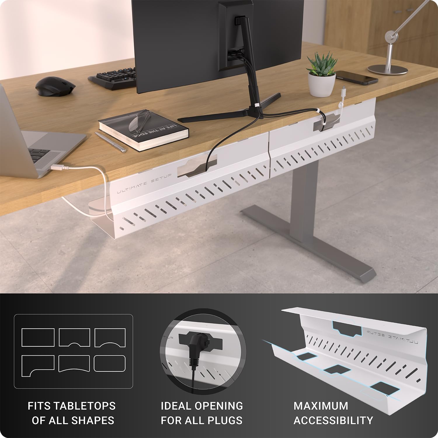 Under Desk Cable Management Tray no Drill – Wire Management - Cord Organizer – Huge Load Capacity – Under Desk Cable Tray no Drill (White, 2 Pieces Set)