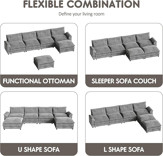 Homall 159" Modular Sectional Sofa, U Shaped Sofa Couch with Reversible Ottoman, DIY Combination Chenille Deep 4-Seat Cloud Couch for Living Room, Apartment (Light Grey, U Shaped Sofa)
