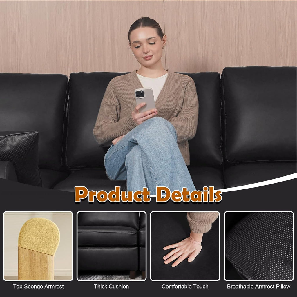 EASE MOOSE Oversized Modular Sectional Sofa, Waterproof & Scratch-Resistant Faux Leather Sofa with Deep Seat, Comfy L-Shaped Sofa with Storage Ottoman, Sectional Couches for Living Room, Black