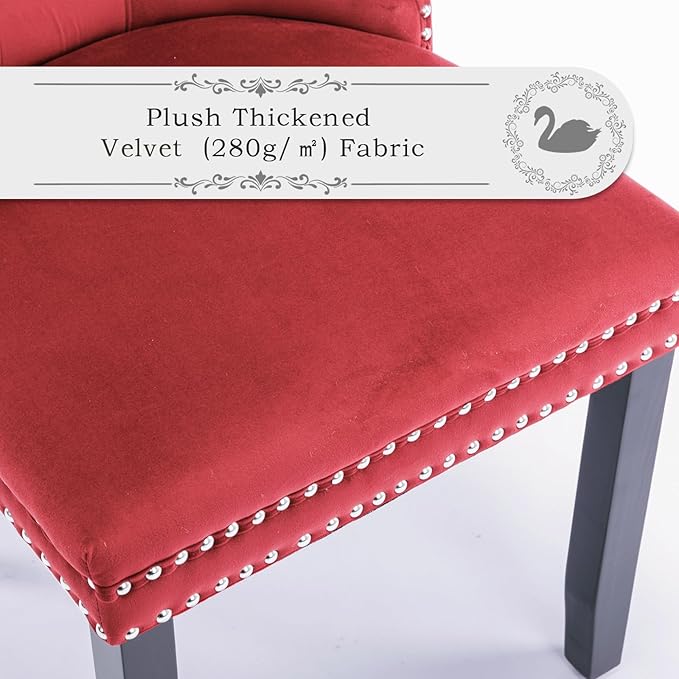 Velvet Upholstered Dining Chairs Set of 6, Modern Style Kitchen Side Chairs with Nailhead Trim and Wood Legs,Metal Pulling Ring for Dining Room Living Room(Wine Red,Set of 6)