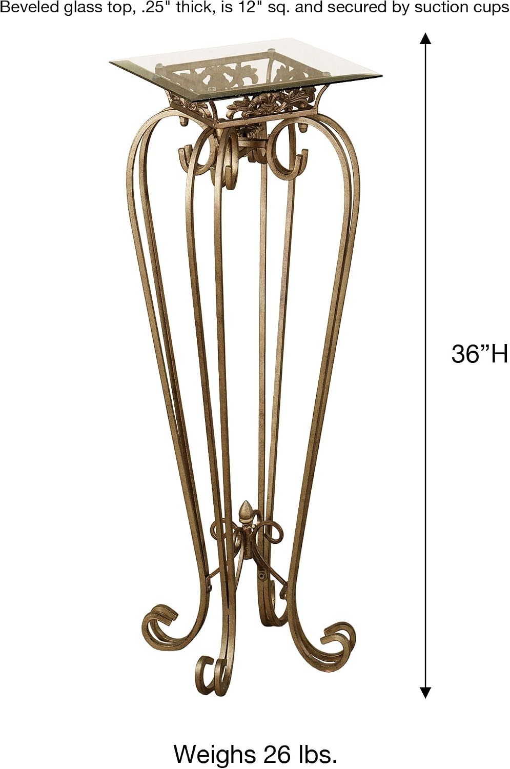 Touch of Class Chalcedony Metal Scroll Pedestal Table, Antique Gold, 36" H | Beveled Glass, Made of Iron, Square Shaped Top, Elegant Style, Accent Furniture for Living Room, Sun Room, or Bedroom