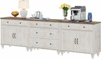 WAMPAT Farmhouse TV Stand for 100 Inch TV, 3-in-1 TV Console Table with 5 Drawers and 4 Doors, Entertainment Center, Kitchen Sideboard Buffet Cabinet for Dining Room, Rustic White