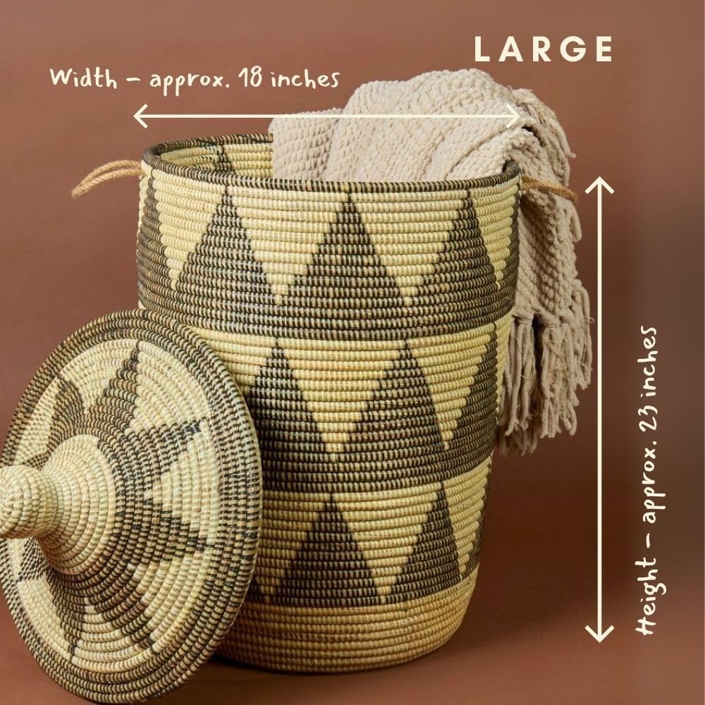 Tall Large Decorative Wicker Storage Basket with Lid, Laundry Hamper, Blanket Storage, Toys Bin, Clothes Holder, Boho Style (Black Beige)