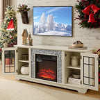 TV Stand with Electric Fireplace & Storage Cabinet, Entertainment Center with 2 Glass Door, Faux Stone Media Console Table for Living Room (White,58" with Fireplace)