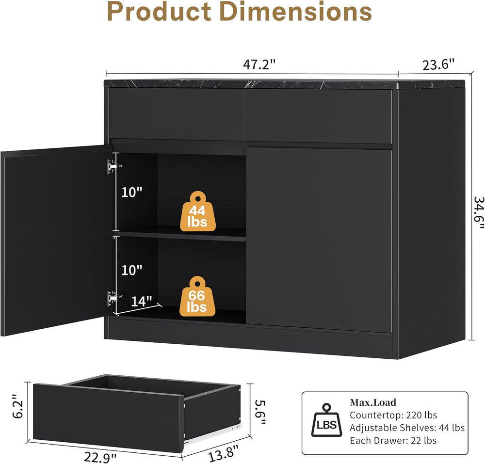 DynJest Kitchen Island with Storage, 47.2" Large Faux Marble Countertop ...