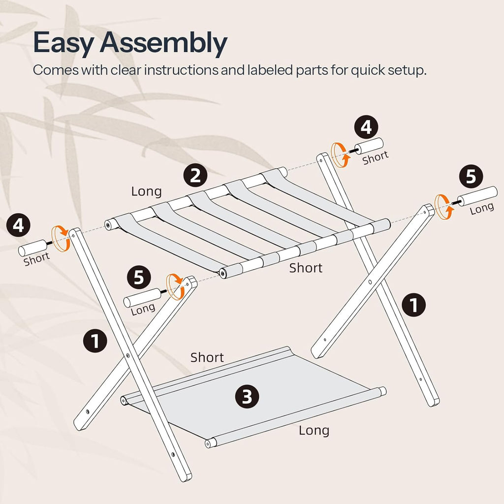 HOOBRO Luggage Rack, Folding Luggage Holder, Bamboo Suitcase Stand, with Fabric Storage Shelf, Suitcase Holder for Guest Room, Hotel, Bedroom, Brown and Black BR20XL01