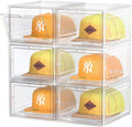 Hat Organizer Box, Stackable Clear Baseball Caps Holder Box Containers with Magnetic Door for Hats Snapback Cap Storag, Hat Rack Display Case, Holds 8 Hats Each (Clear, 6 Pack)