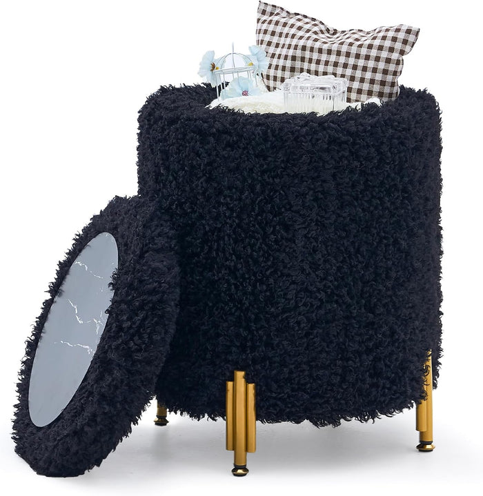 Round Ottoman Foot Stool with Storage and Metal Legs for Living Room Bedroom, Velvet Upholstered Footrest Stool Support 300lbs Modern Padded Seat Ottoman Coffee Table (Black-Long Wool)