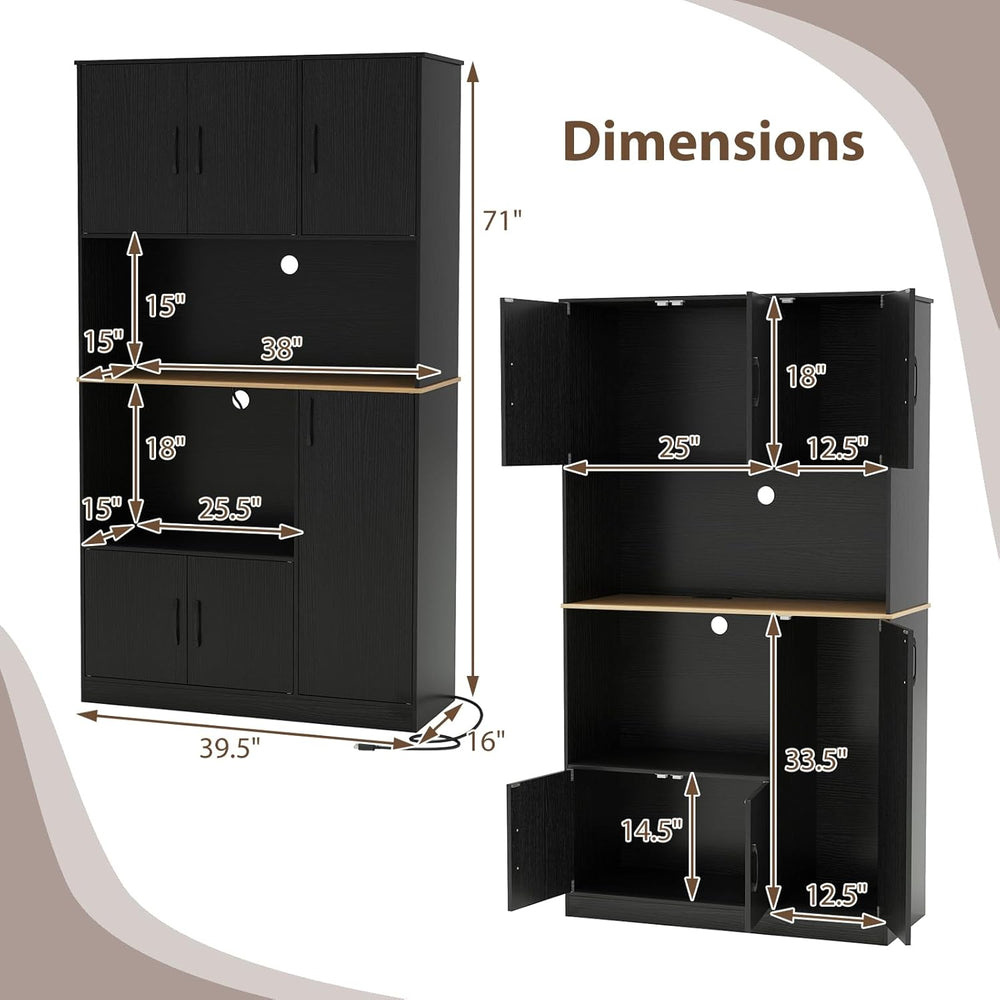 LOKO 71” Tall Kitchen Pantry Cabinet with Charging Station, Wooden Buffet Cup...