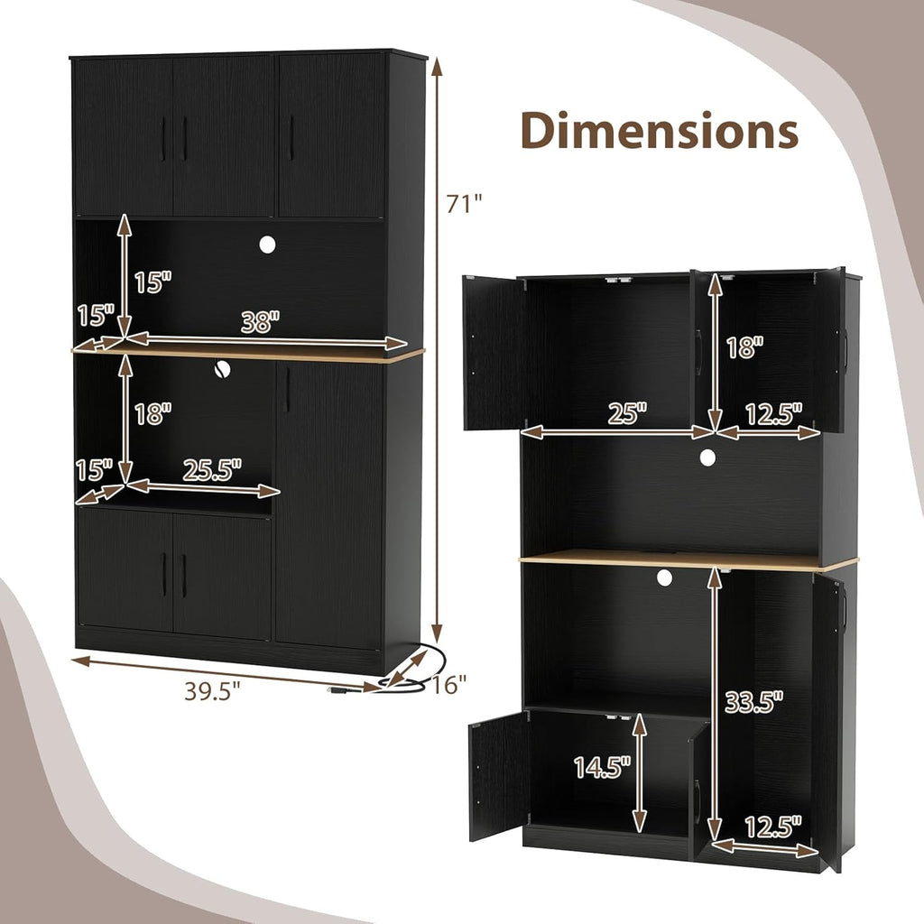 LOKO 71” Tall Kitchen Pantry Cabinet with Charging Station, Wooden Buffet Cupboard Sideboard with Microwave Stand & Doors, Modern Storage Cabinet for Dining Room, Living Room (Black)
