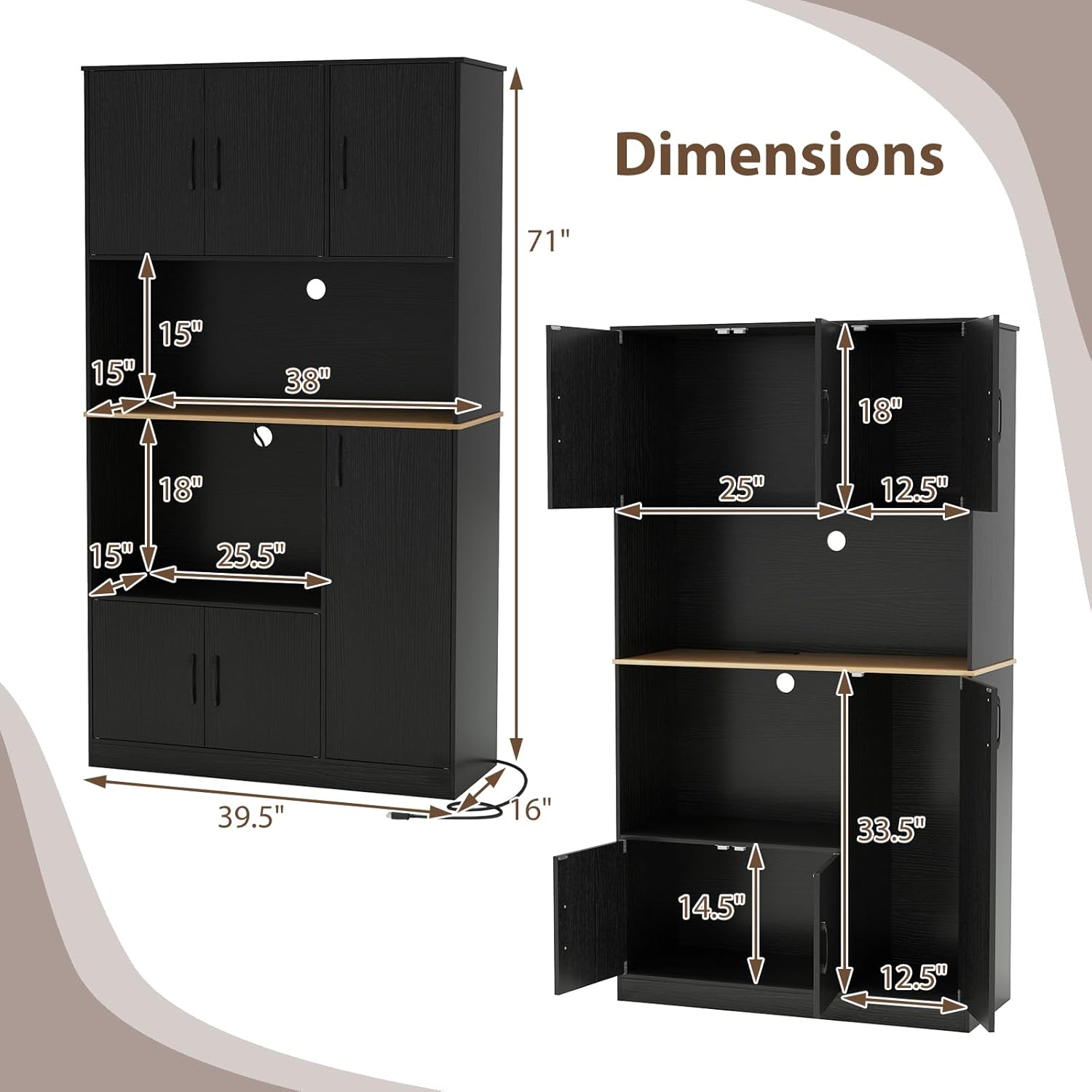 LOKO 71” Tall Kitchen Pantry Cabinet with Charging Station, Wooden Buffet Cupboard Sideboard with Microwave Stand & Doors, Modern Storage Cabinet for Dining Room, Living Room (Black)