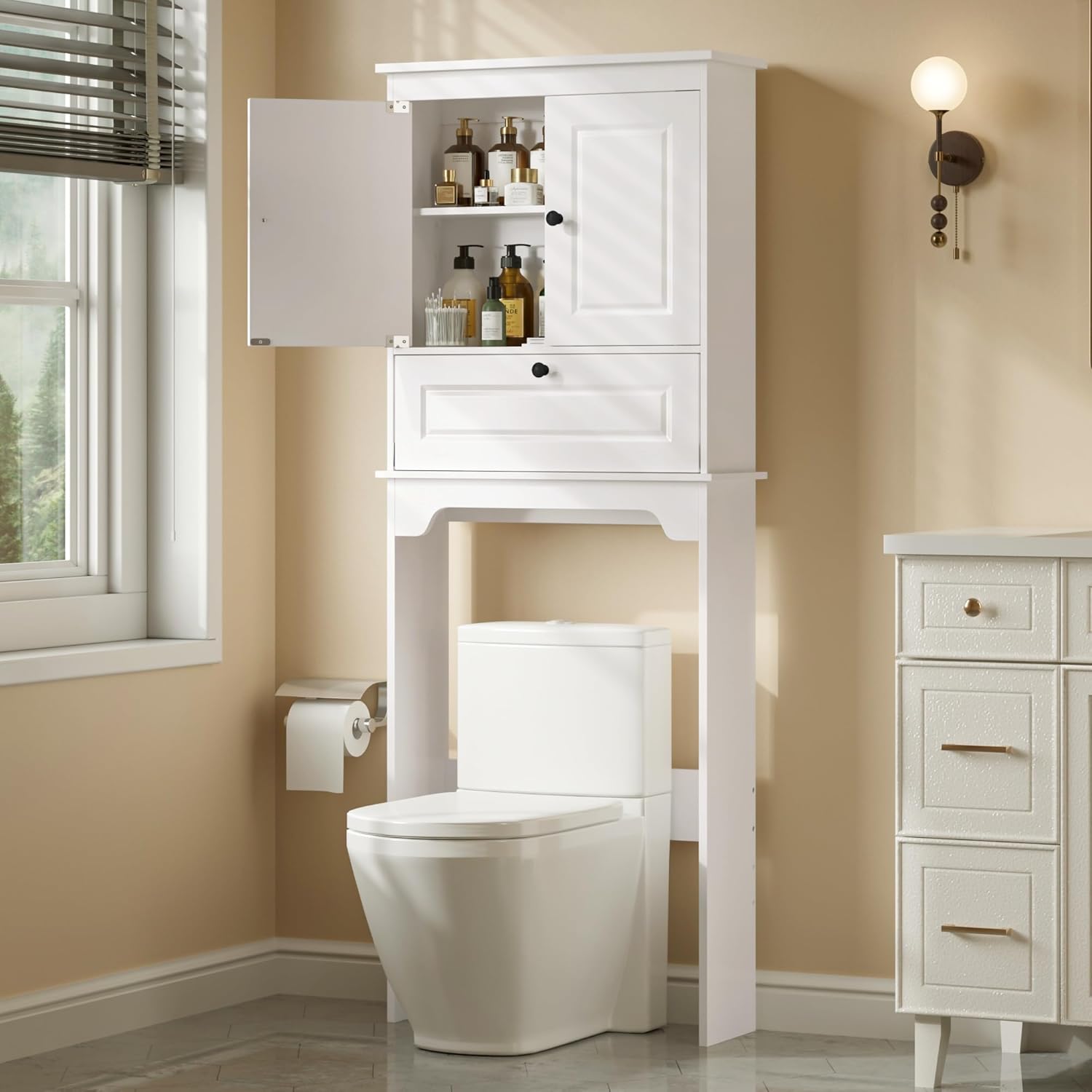 Over The Toilet Storage Cabinet, Bathroom Cabinet Over Toilet with Double Doors and Adjustable Shelf, Freestanding Space Saver Bathroom Shelf Above Toilet for Room, White