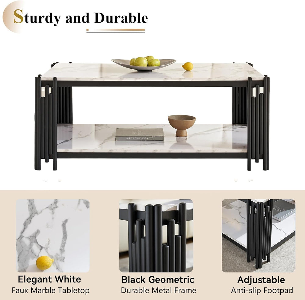 Marble Coffee Table Set of 3, Elegant White Faux Marble Coffee Table End Tabl...