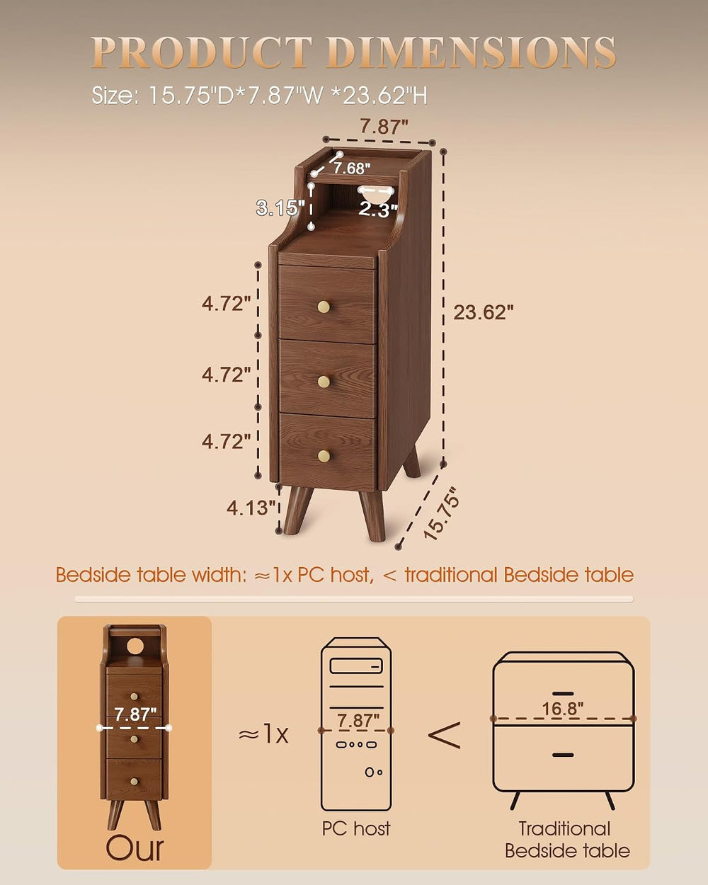 IUNVR Narrow Nightstand with 3 Drawers, Solid Wood Slim Bedside Table | 7.9&q...
