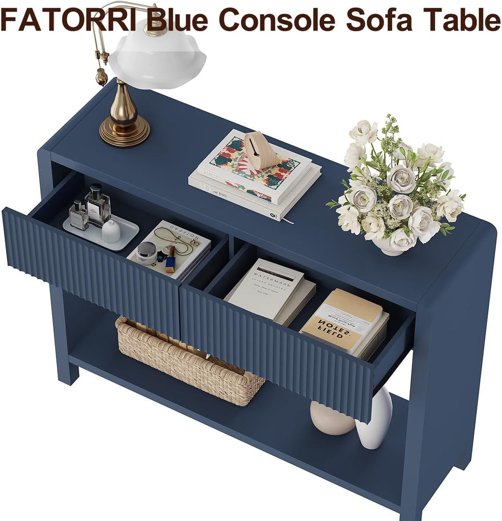 FATORRI Console Entryway Table with 2 Wood Fluted Drawers, 39.37" Blue |...