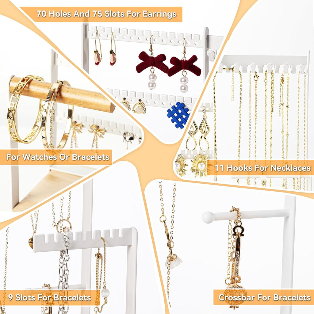 DreamGenius Jewelry Organizer Stand with 2 Velvet Ring Holder Drawers, 5 Tier Jewelry Holder Organizer with 11 Hooks for Necklaces and 145 Holes for Earrings, White