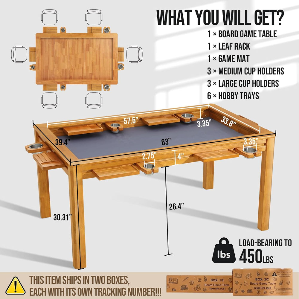 63" Solid Wood Board Game Table for Gaming/Dining, Removable Top | Gamin...