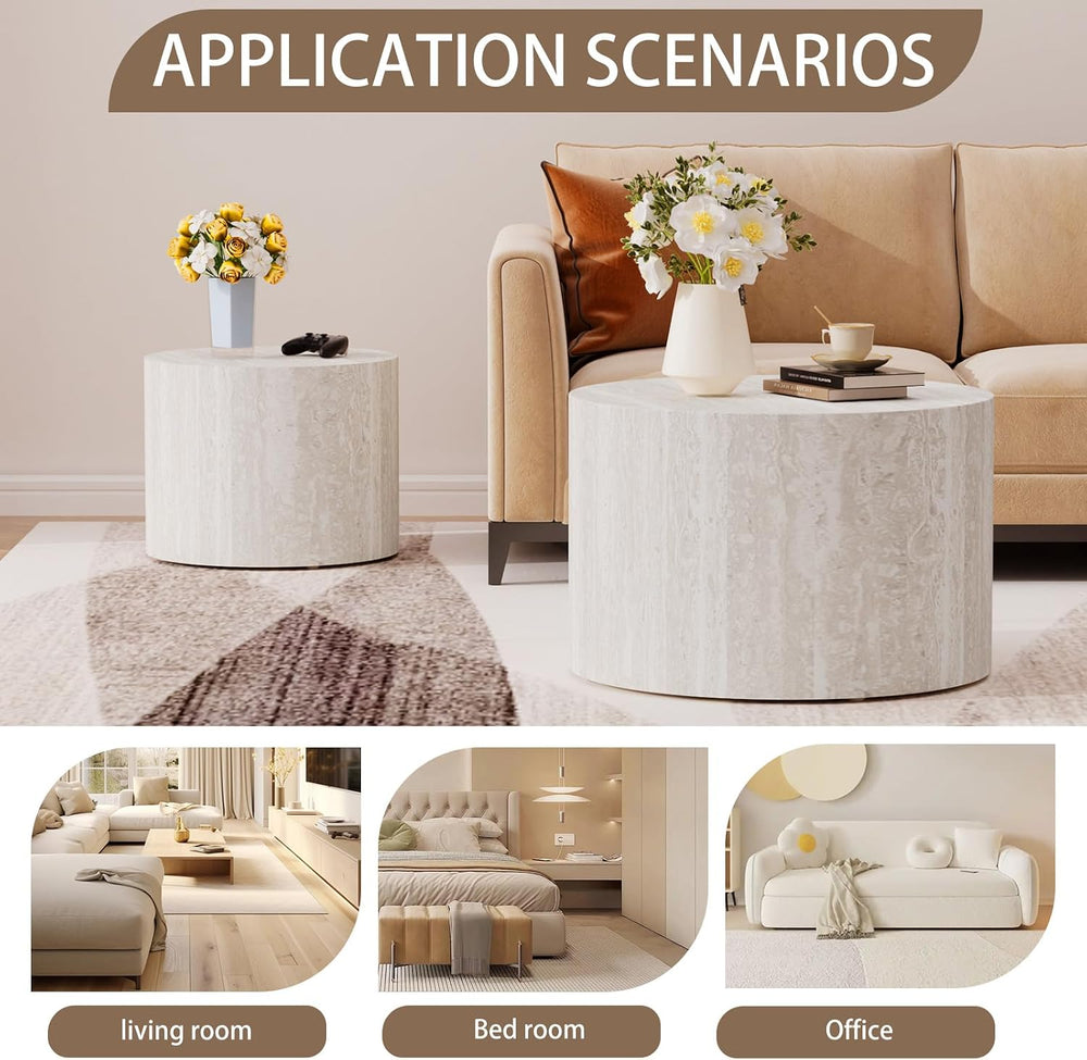 Nesting Coffee Table Set of 2 (C Light Beige Travertine) | Modern Round Coffe...
