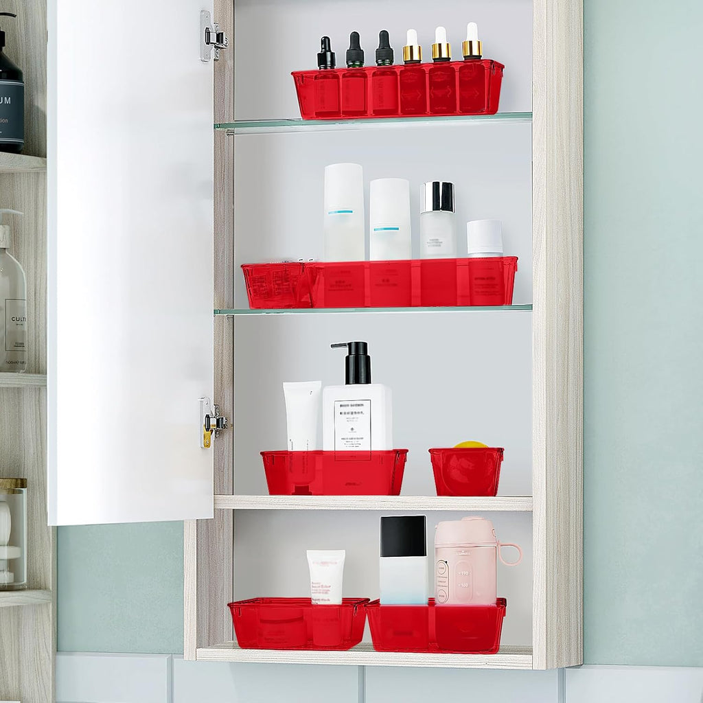 WOWBOX 25 PCS Plastic Drawer Organizer Set, 4 Sizes Desk Drawer Divider Organizers and Storage Bins for Makeup, Jewelry, Gadgets for Kitchen, Bedroom, Bathroom, Office, Clear Red