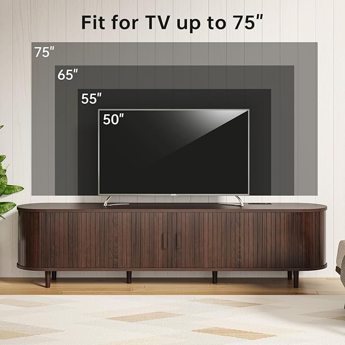 70" Mid Century Modern TV Stand, Wood TV Consoles with Sliding Doors and Power Outlet, Entertainment Center with Adjustable Shelves, Fluted TV Stands for Living Room, Walnut