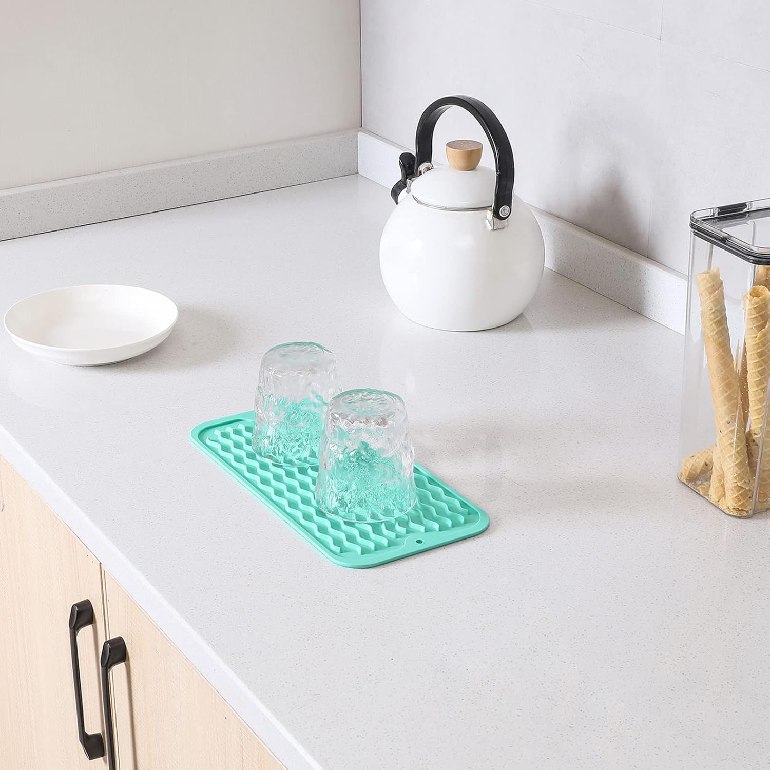 Silicone Dish Drying Mat for Multiple Usage,Easy clean,Eco-friendly,Heat-resistant Silicone Mat for Kitchen Counter or Sink,Refrigerator or Drawer Liner Mint S 12 inches x 6 inches