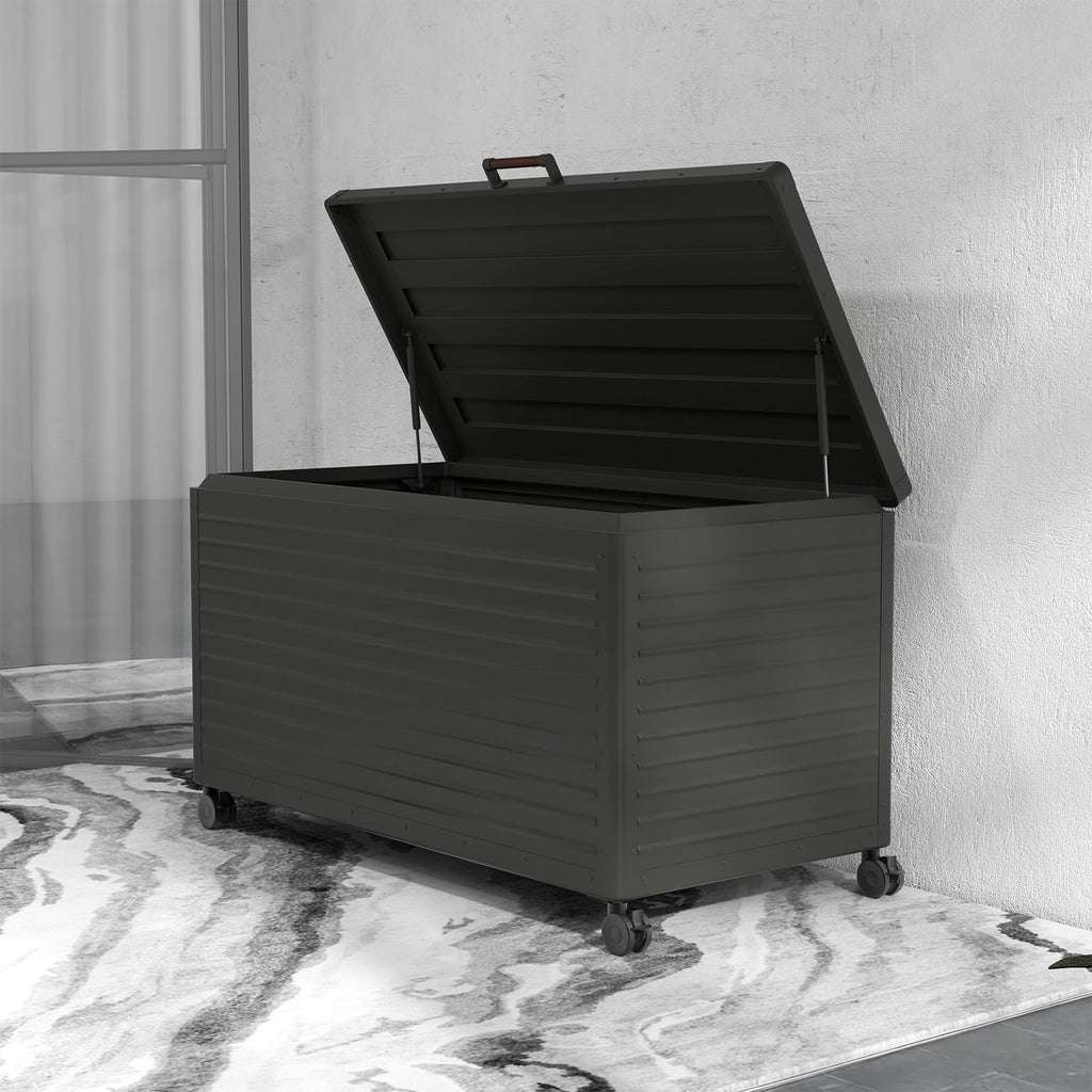 MIRADOR 134 Gallon Outdoor Storage Box Waterproof, Metal Deck Box with wheels for Patio Furniture, Garden Tools, Outdoor Cushion, Charcoal