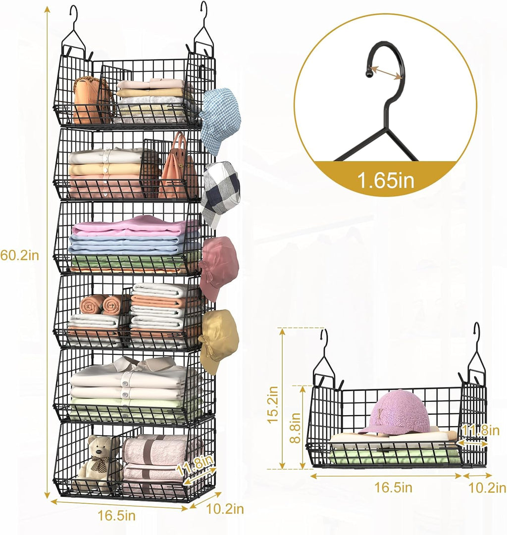 6 Tier Extra Large Hanging Storage Organizer,Hanging Closet Shelves with Dividers,Closet Organizer Wire Shelf with 5 S Hooks,Bedroom,Laundry Storag-Black