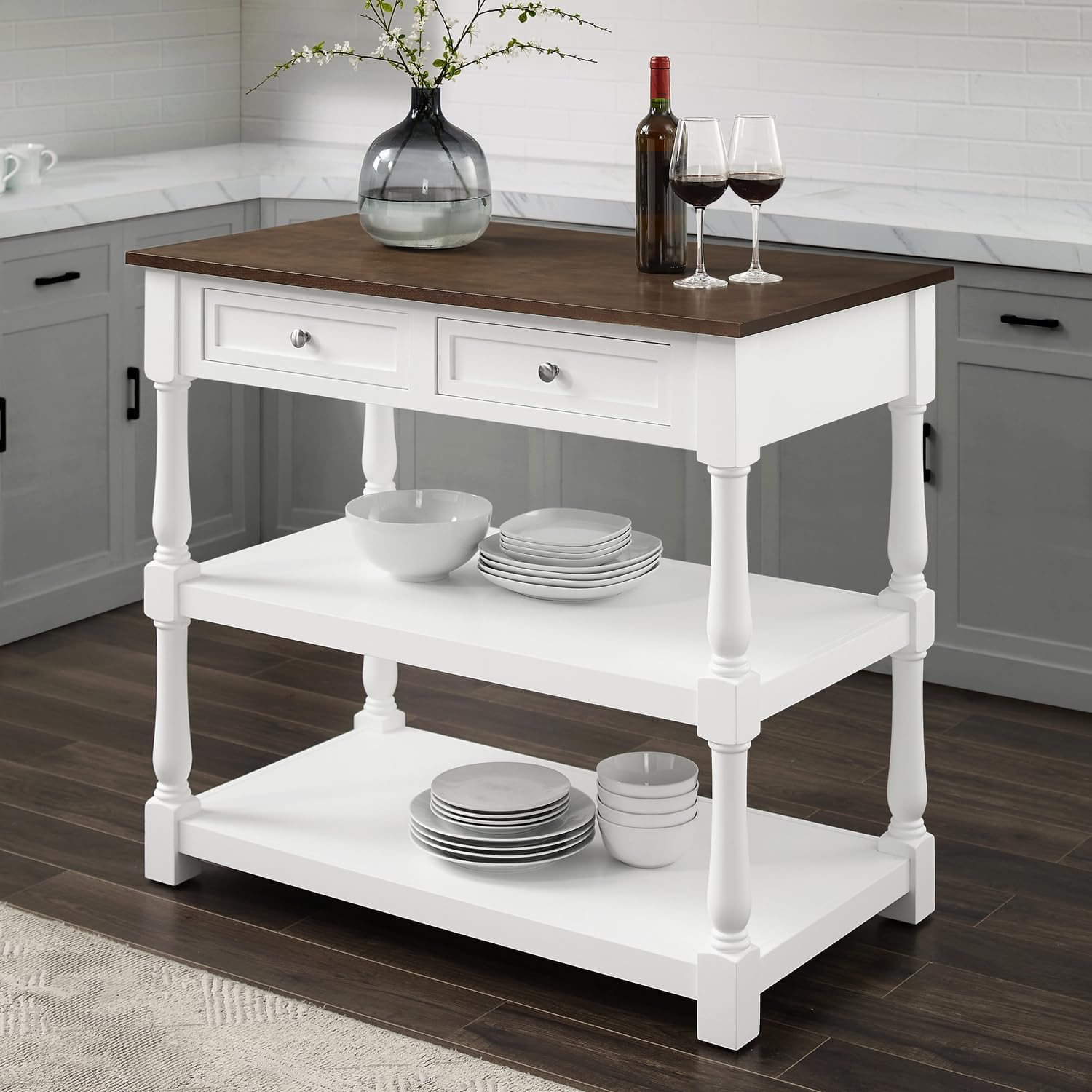 HomeStock Kitchen Island with Wood Top - 42" Wide - White & Dark Brown Finish