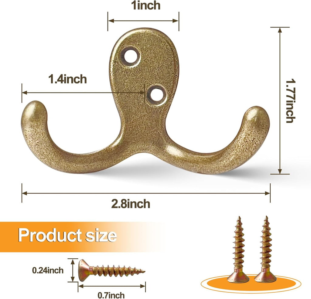 20 Pack Coat Hooks Wall Hooks for Hanging, Heavy Duty Double Prong Metal Hook Wall Mounted for Living Room, Bathroom, Kitchen, Bedroom for Coat, Bag, Scarf, Towel, Hat, Key, Cup (Bronze)