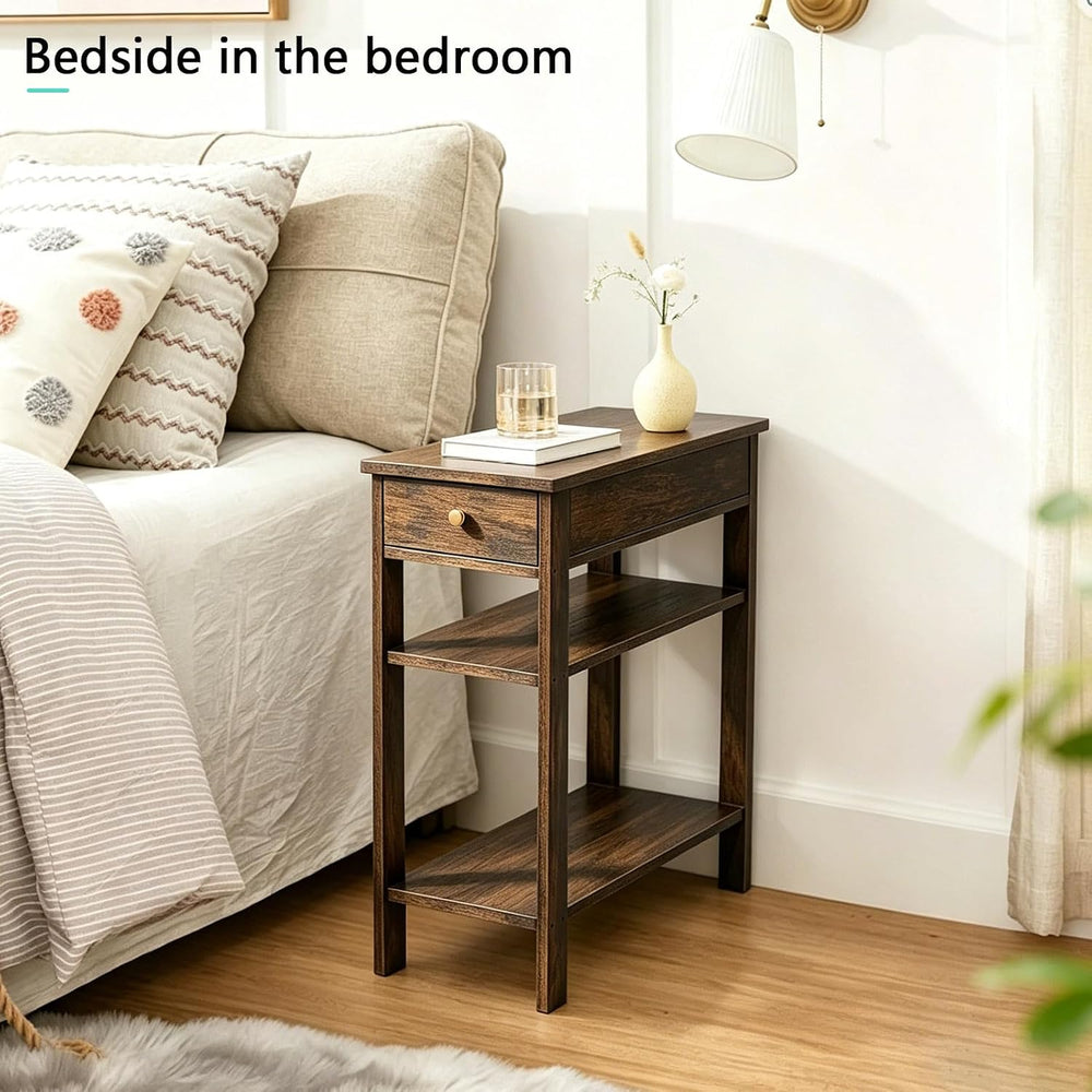 Solid Wood Narrow End Table with Drawer and 3-Tier Storage, Slim Nightstand f...