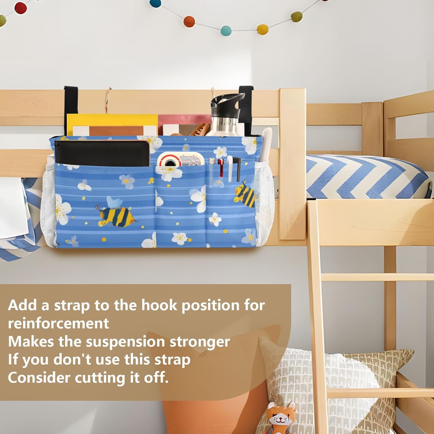 Blue Striped Sakura Bees Bedside Caddy for Dorm Bed Bedside Hanging Caddy Bag Iron Frame Storage Organizer Pocket for Bunk Home College Hospital Beds 2 Hooks