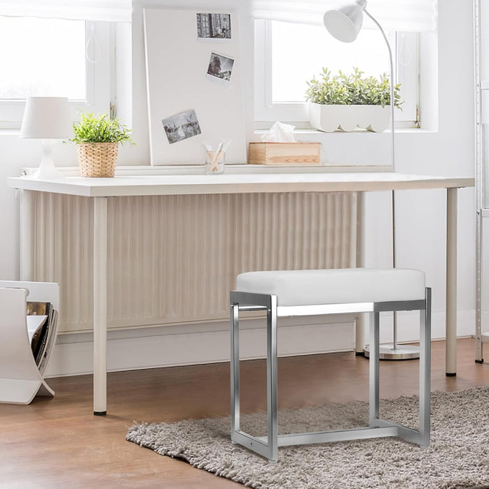 Vanity Stool Chair, Modern PU Leather Ottoman Foot Rest for Vanity Bench with Silver Metal Legs, Multifunctional Chairs for Makeup, Bedroom, Living Room, Small Makeup Stools White&Silver